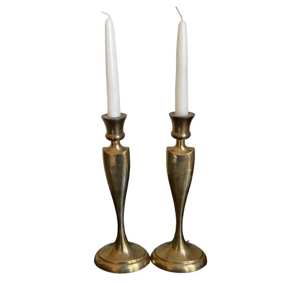 Vintage Bombay Solid Brass Pair Of Candlestick Holders Smooth Curvy Silhouette - Picture 1 of 16